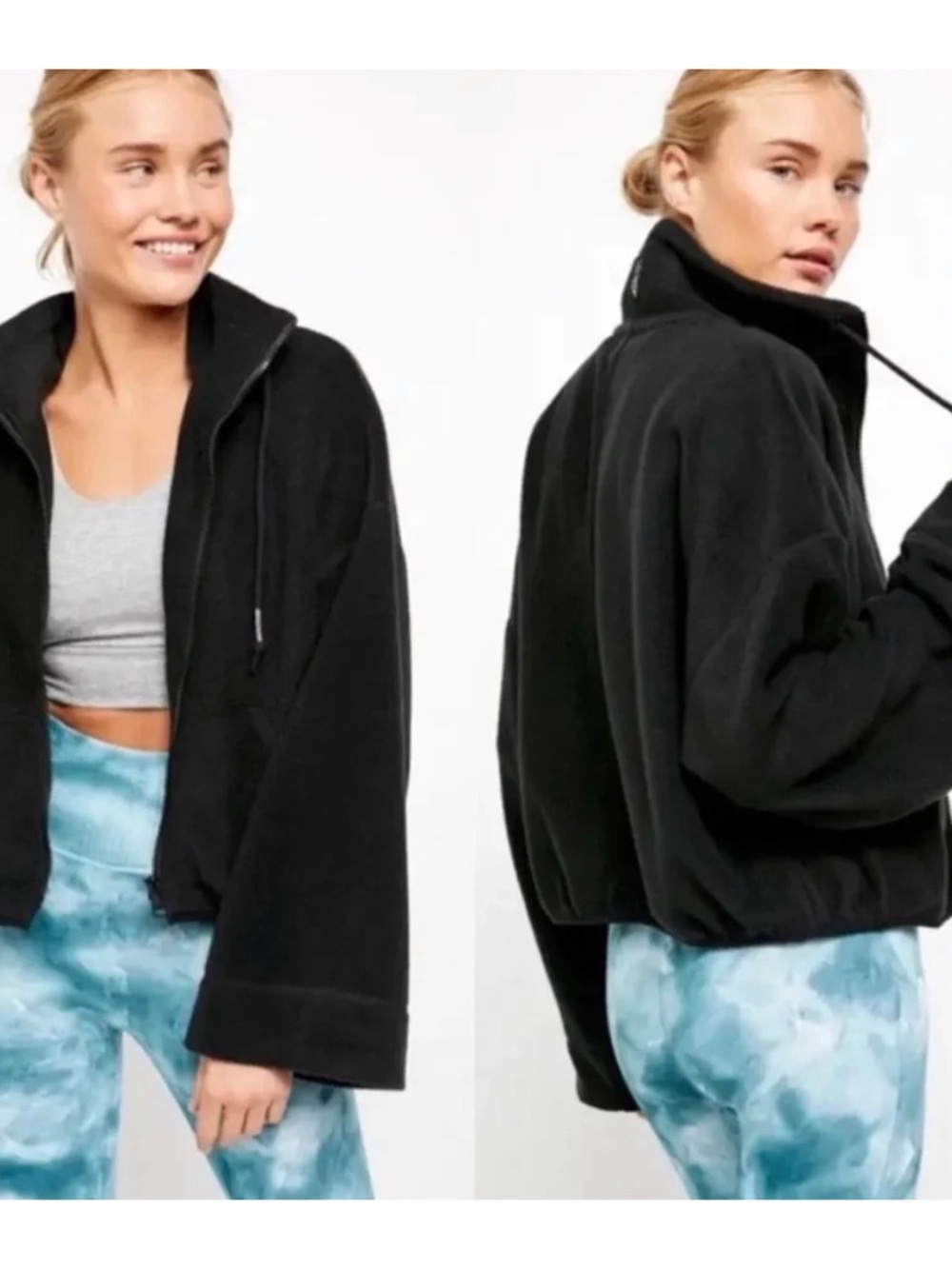 Black Funnel Neck Zip-Up Fleece Jacket - Women